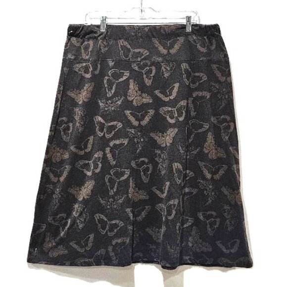 BASIC EDITIONS BROWN W LIGHT BROWN BUTTERFLY MOTH PRINT PULL ON MIDI SKIRT 1X - Picture 1 of 3